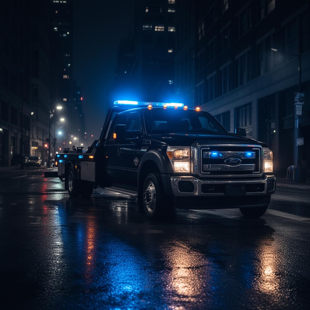 DR Towing flatbed truck with blue emergency lights at night